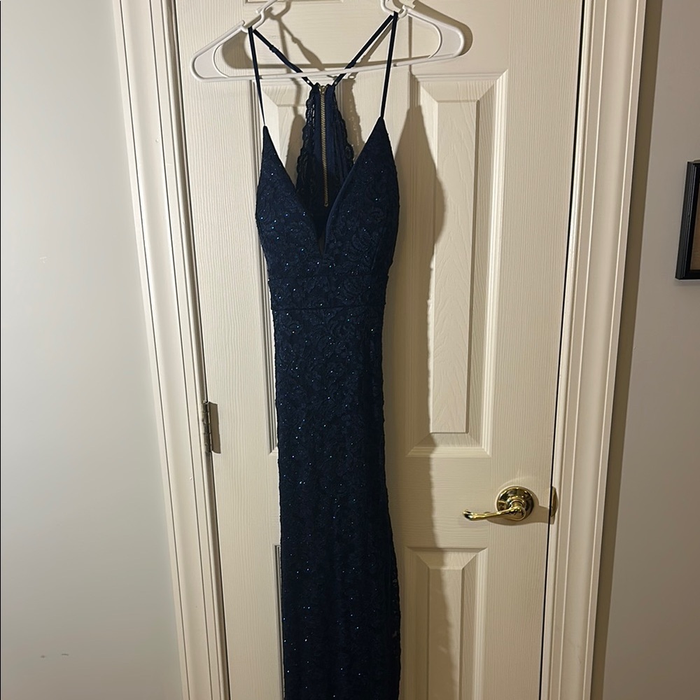 Elegant Navy Blue Sparkly Evening Dress with Slit on Left Leg